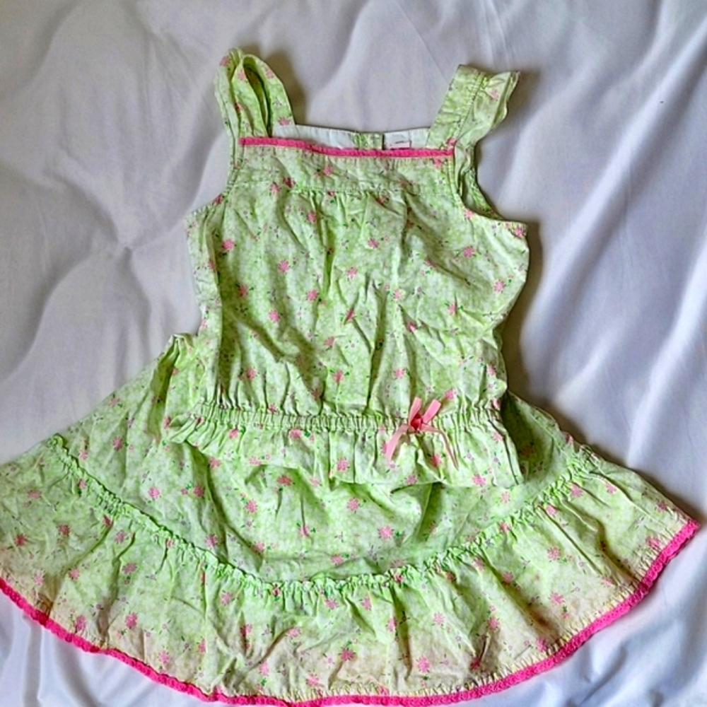 OshKosh B'gosh Green Pink Floral Summer Dress Ruffle sleeves Lace Trim Cotton
